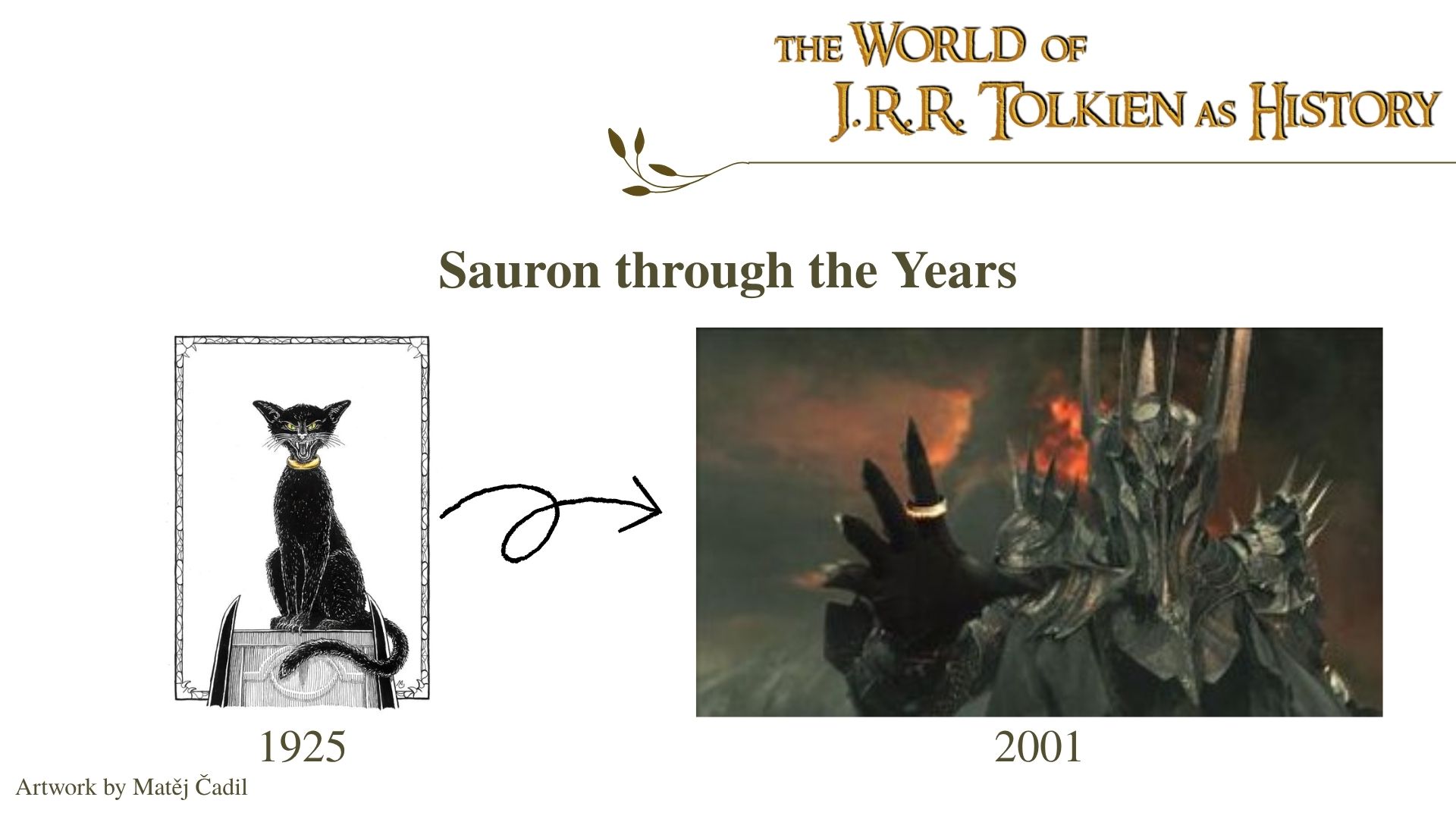 Sauron through the Years: 1925 illustration as a cat, 2001 movie still